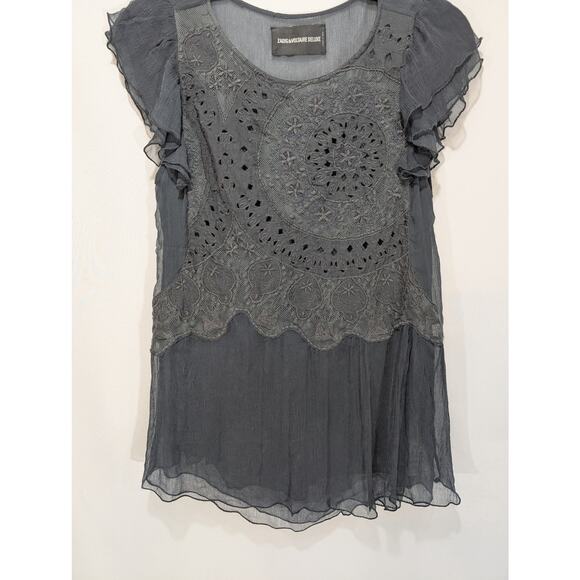 Zadig & Voltaire Deluxe Thuy Embroidered Sheer Blouse Black Size Medium - Picture 1 of 8